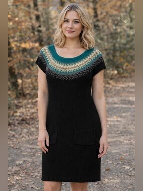 Decree Black Knit Scoop Neck Sweater Dress with Teal Fair Isle Yoke size medium